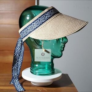 Sea & Grass NWT Straw Visor Adjustable Strap Tie Nautical Beach Garden Vacation